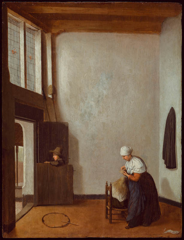 Jacobus Vrel. Enigmatique précurseur de Vermeer : Jacobus Vrel, Interior with a Woman Combing a Girls Hair, and a Boy at a Dutch door, after 1649. Detroit Institute of Arts. Detroit, Michigan